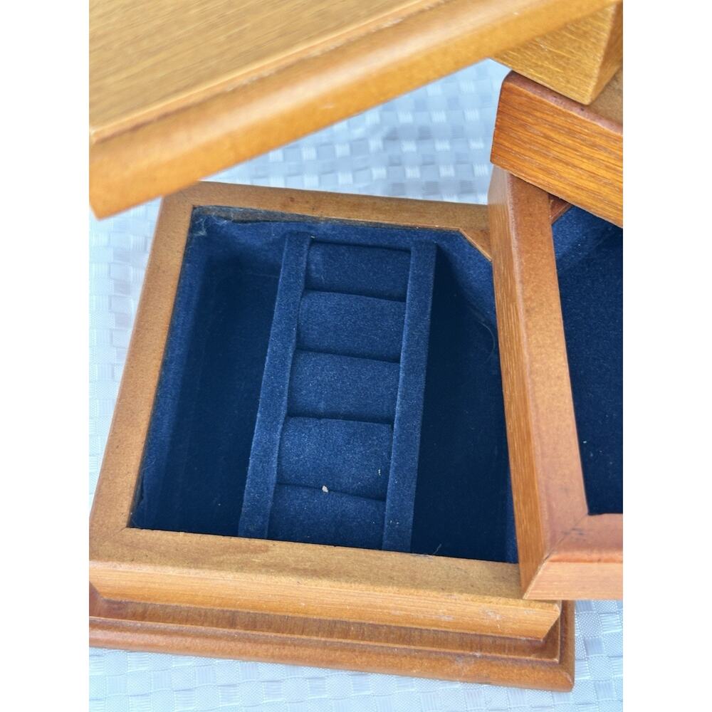 Vintage Wood Jewelry Box Four Tier Flex Zorb Velvet lined 80’s Swivel - Picture 3 of 7
